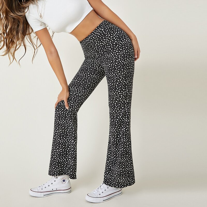 

Ditsy Floral Print Flare Leg Pants, Black and white