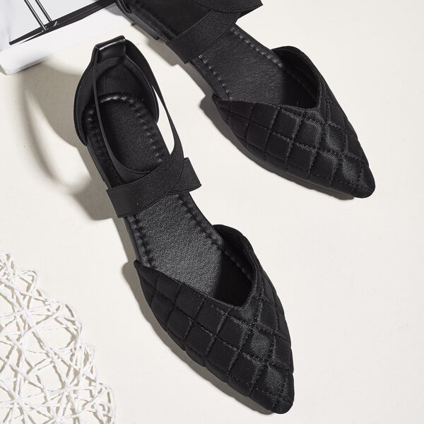 

Point Toe Criss Strap Quilted Flats, Black