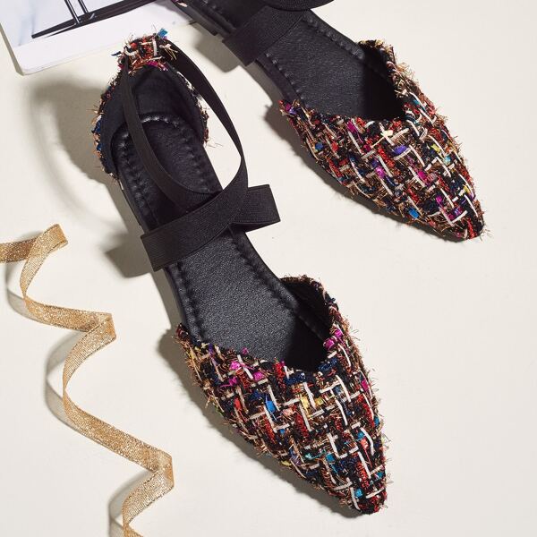 

Point Toe Criss Strap Tweed Flats, Multicolor