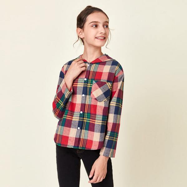 

Girls Pocket Patched Plaid Blouse, Multicolor