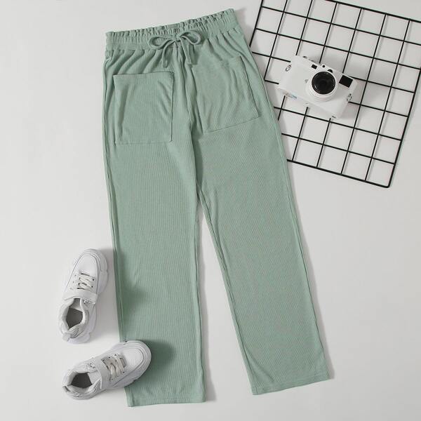 

Girls Knotted Paperbag Waist Pocket Front Rib-knit Pants, Mint green