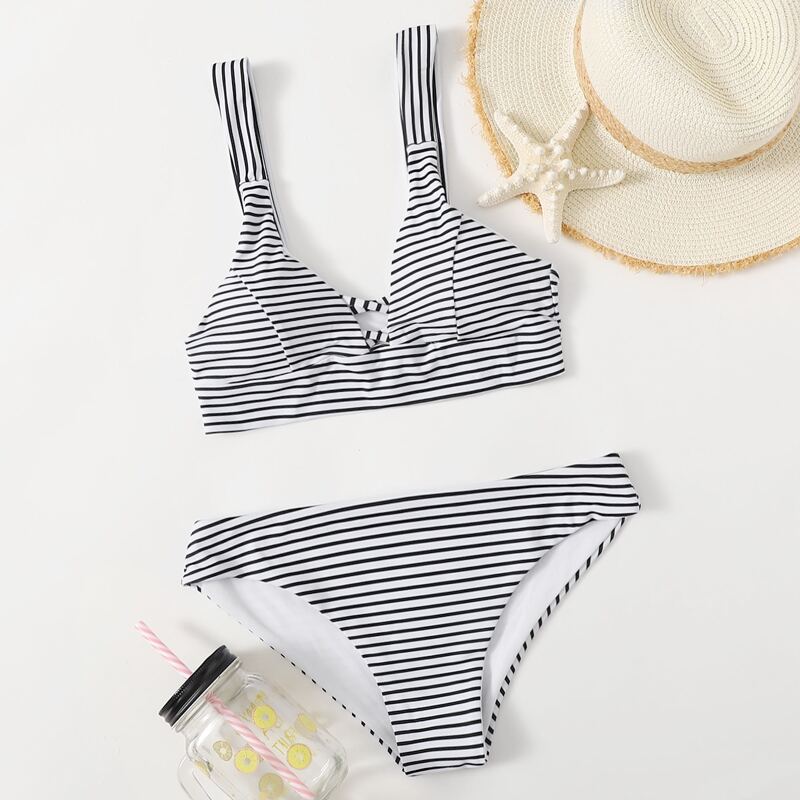 

Striped Bikini Swimsuit, Black and white