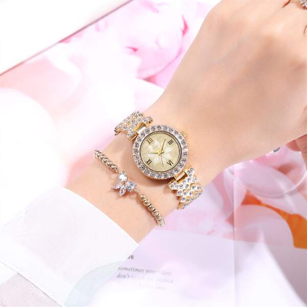 

2pcs Rhinestone Decor Quartz Watch With Bracelet Set