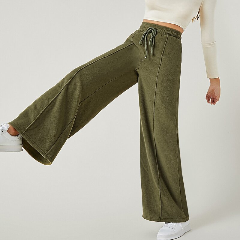 

Drawstring Waist Seam Front Wide Leg Fleece Pants, Army green