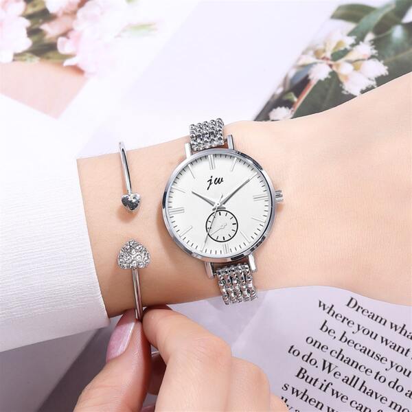 

2pcs Simple Round Pointer Quartz Watch With Bracelet Set