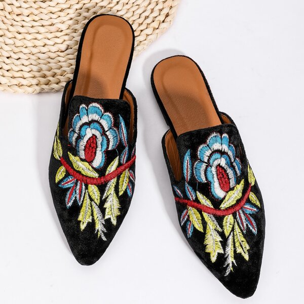 

Flower Embroidered Flat Mules, Black
