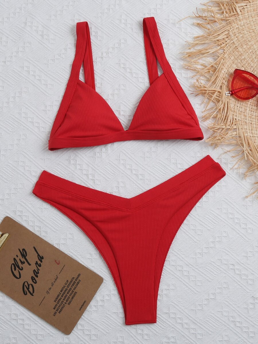 Conjunto De Bikini De Corte Alto Con Triángulo Acanalado Summer Beach - Rojo - Ver 1