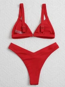 Conjunto De Bikini De Corte Alto Con Triángulo Acanalado Summer Beach - Rojo - Ver 2