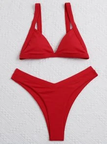 Conjunto De Bikini De Corte Alto Con Triángulo Acanalado Summer Beach - Rojo - Ver 5