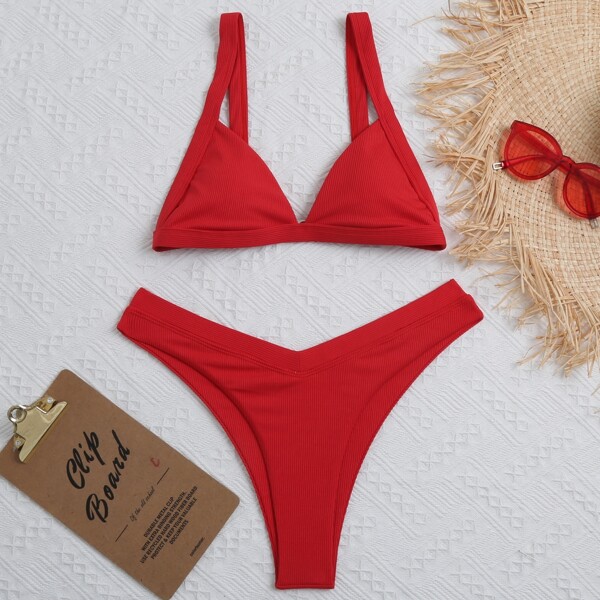 

Rib Triangle High Cut Bikini Swimsuit, Red