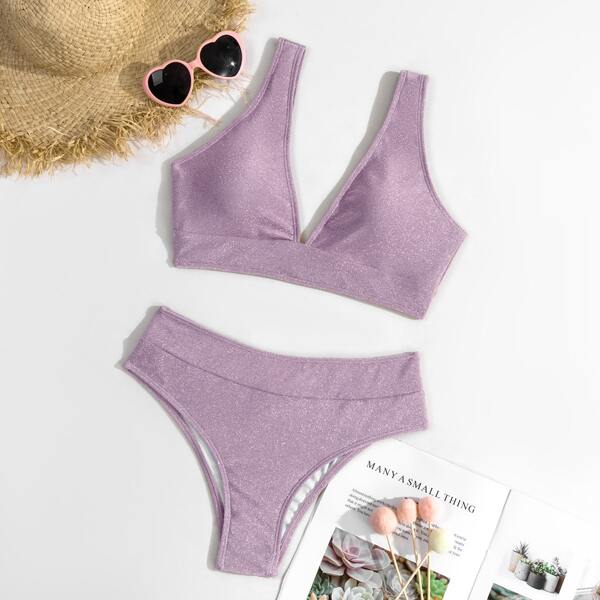 

Glitter V Neck Bikini Swimsuit, Dusty pink