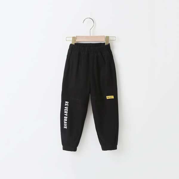 

Toddler Boys Slogan Graphic Patched Pants, Black