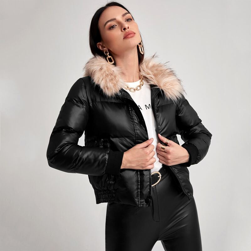 

Contrast Faux Fur Collar Puffer Jacket, Black