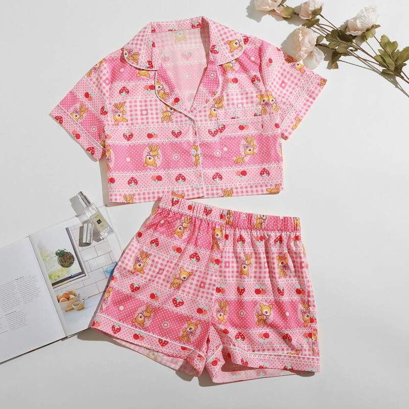 

Allover Cartoon Print PJ Set, Pink