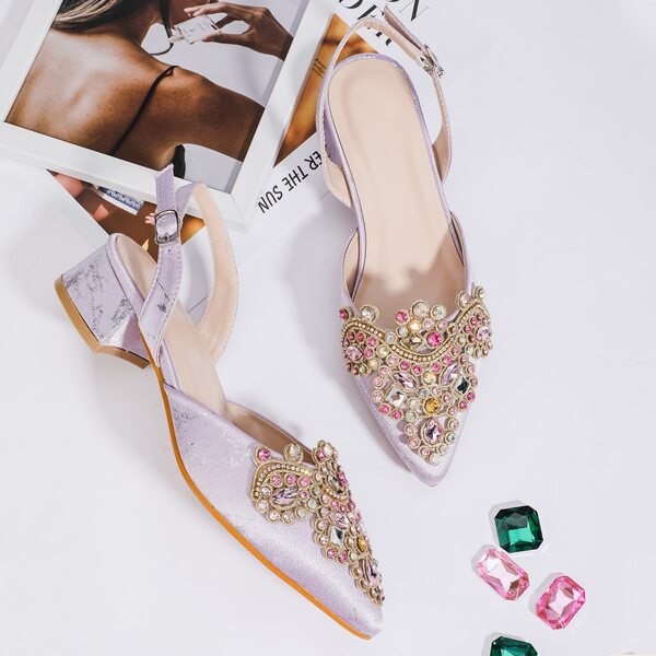 

Colorful Rhinestone Decor Mid Heeled Slingback Pumps, Mauve purple