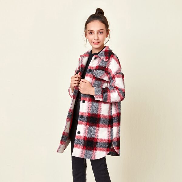 

Girls Drop Shoulder Button Up Curved Hem Overcoat, Multicolor