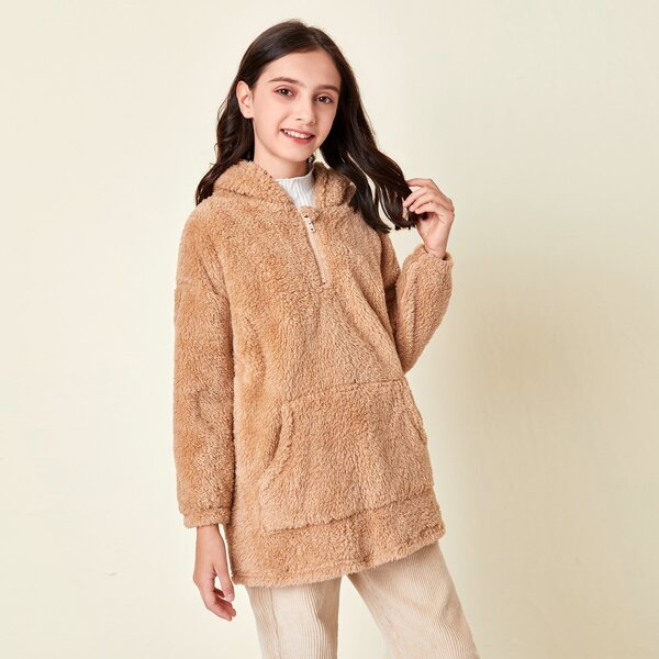 

Girls Pocket Front Drop Shoulder Teddy Zip Half Sweatshirt, Camel