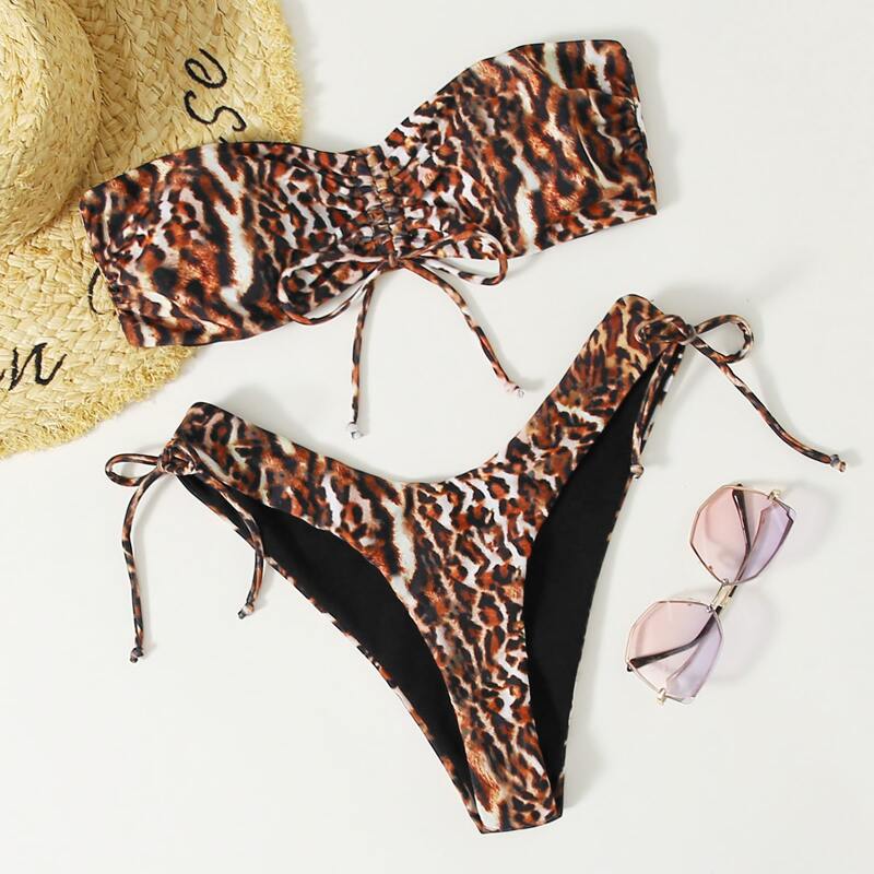 

Leopard Ruched High Cut Bikini Swimsuit, Multicolor