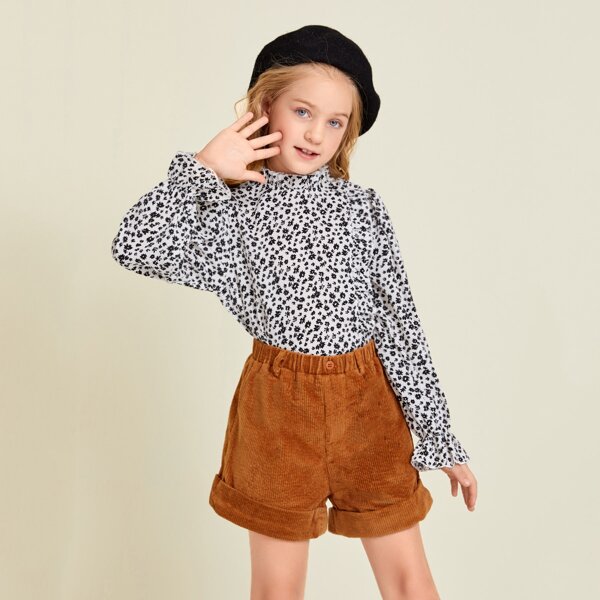 

Girls Ditsy Floral Print Ruffle Trim Top, Black and white