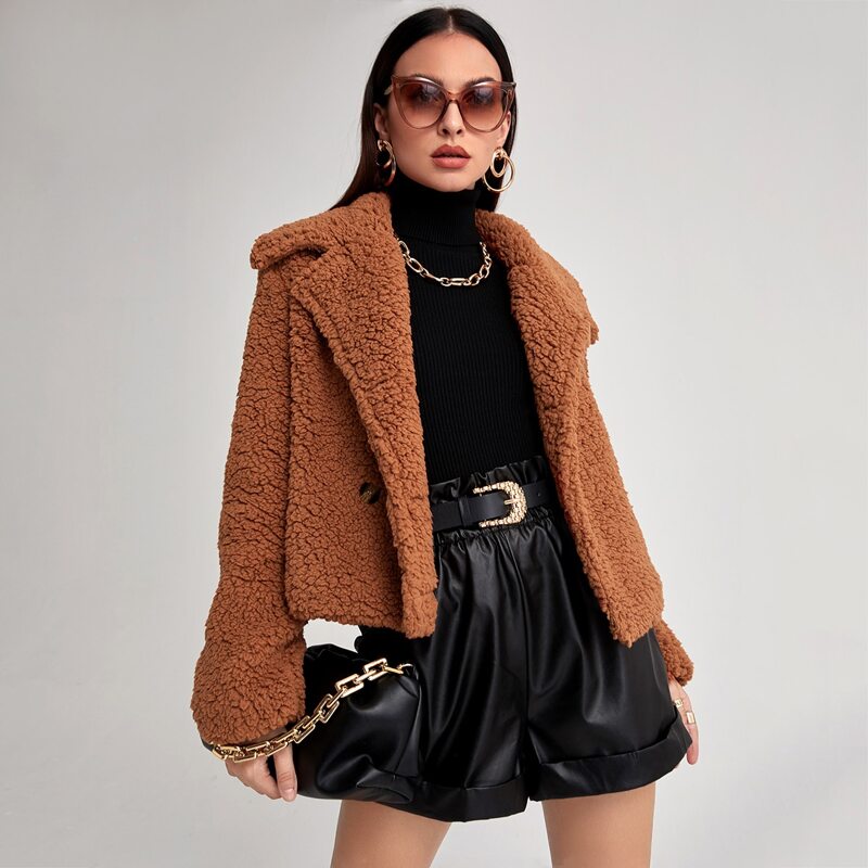 

Solid Lapel Neck Teddy Jacket, Brown
