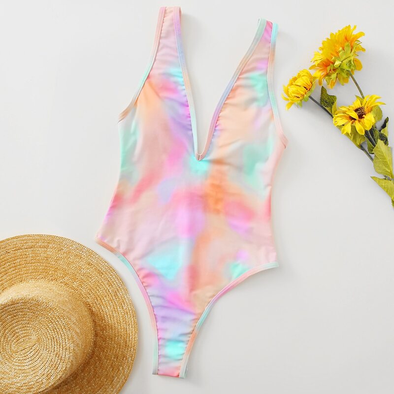 

Tie Dye Plunge One Piece Swimsuit, Multicolor