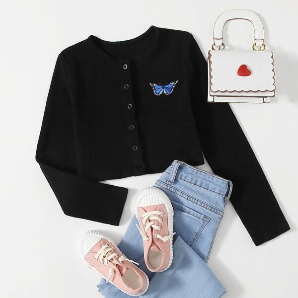 

Girls Butterfly Embroidered Button Up Top, Black