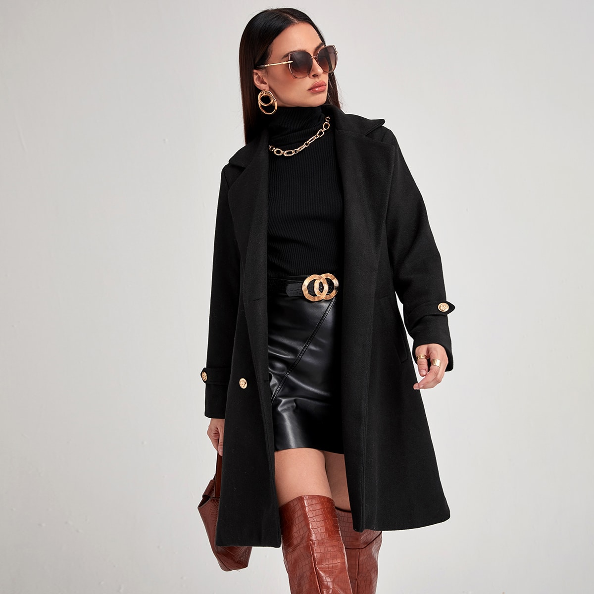 Image of Lapel Collar Slant Pocket Double Breasted Overcoat