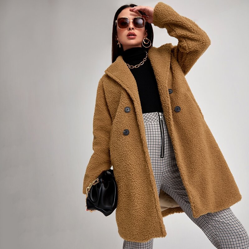 

Double Breasted Slant Pocket Teddy Coat, Brown