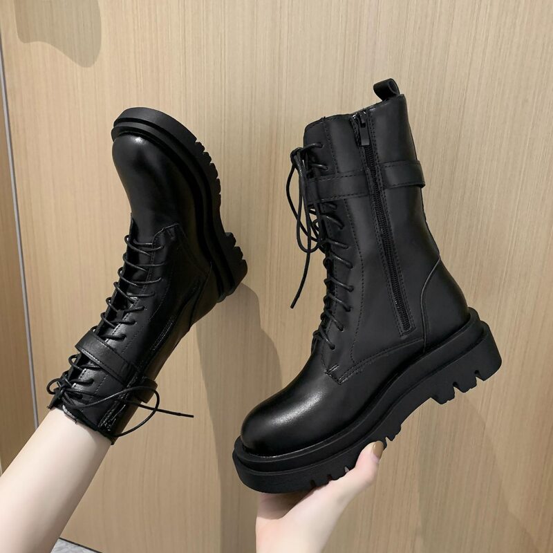 

Buckle Lace-up Combat Boots, Black