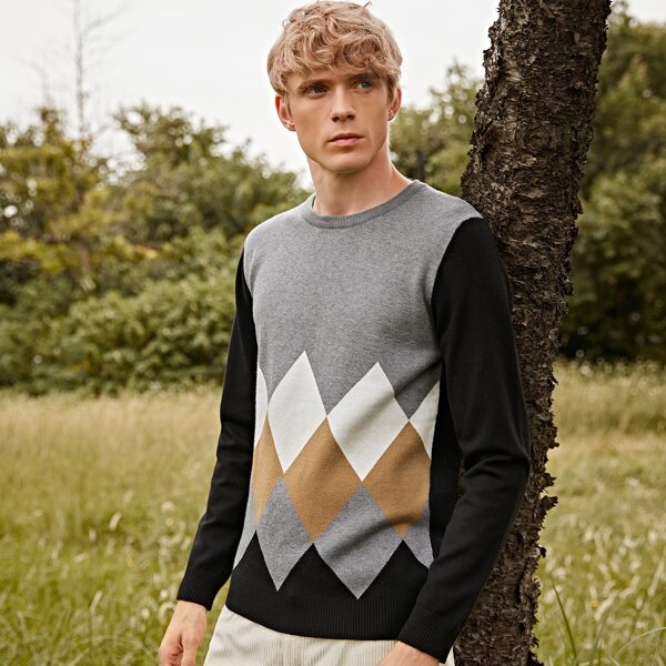 

Men Argyle Pattern Colorblock Sweater, Multicolor