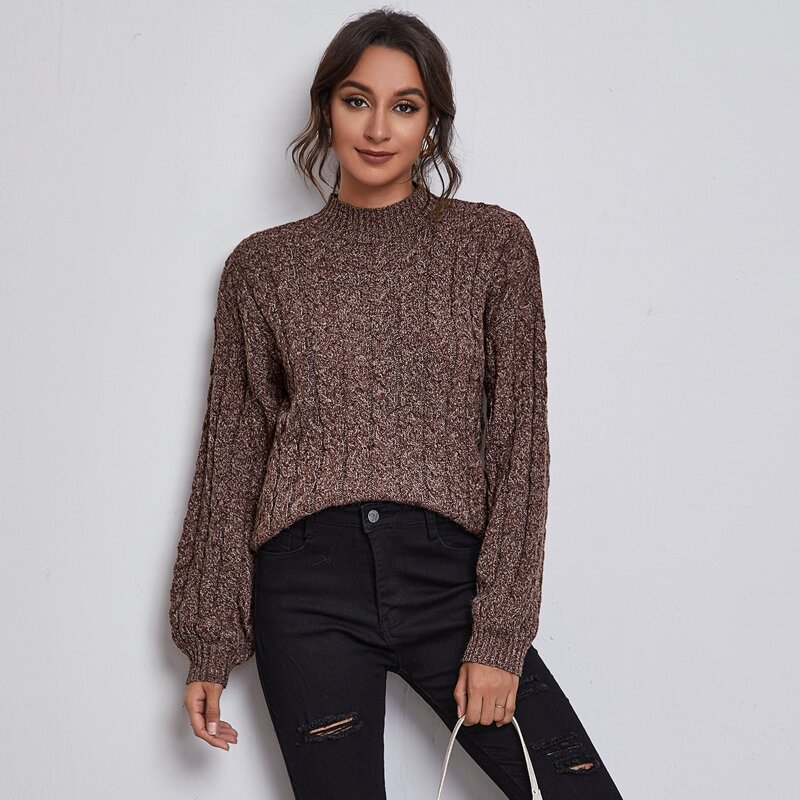 

Mock-neck Lantern Sleeve Cable Knit Sweater, Chocolate brown