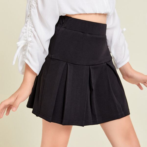 

Girls Fold Pleated Front Solid Skirt, Black