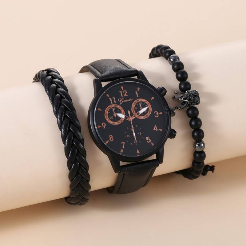 

3pcs Guys Round Pointer Quartz Watch With Bracelet Set