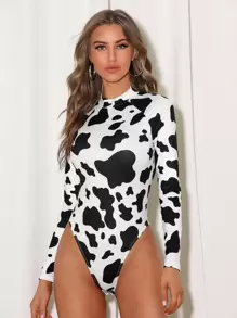 SHEIN Privé Cow Print Mock-Neck Raglan Sleeve High Leg Long Sleeves Bodysuit - Black and White - View 2