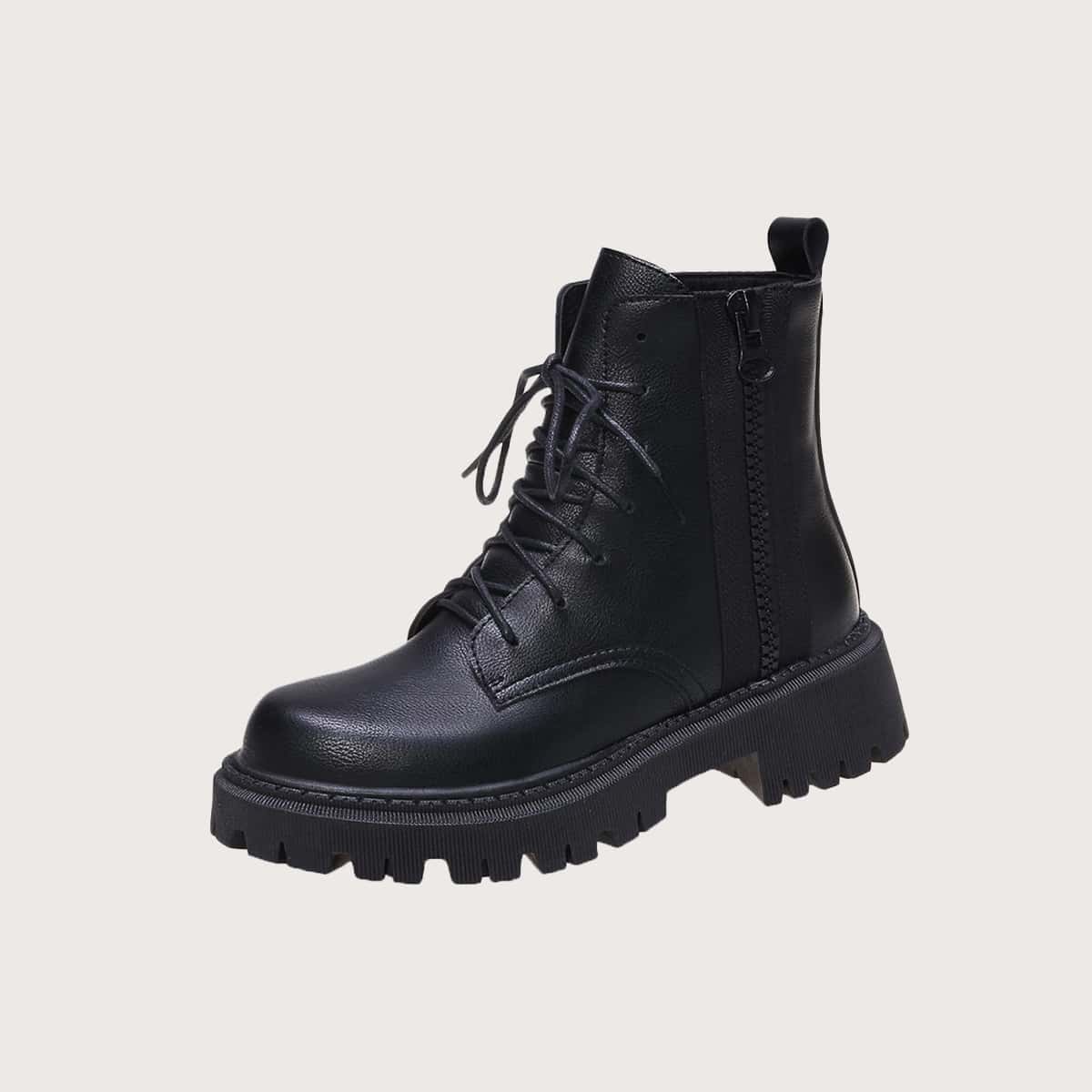 

Side Zip Lace-up Combat Boots, Black