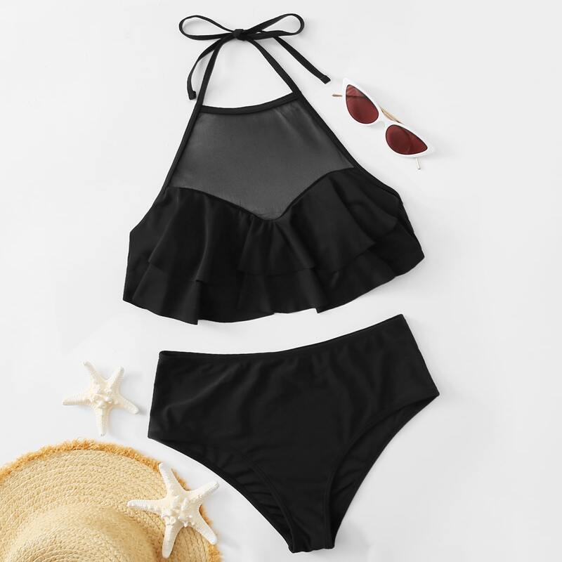 

Solid Ruffle Halter Bikini Swimsuit, Black