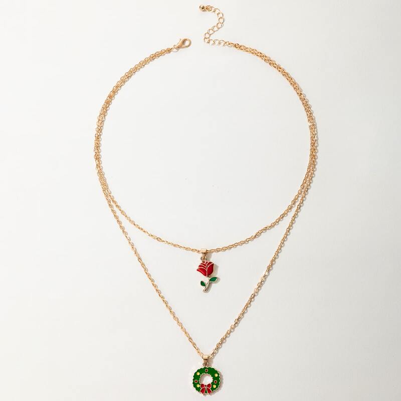 

Christmas Wreath & Rose Layered Necklace, Gold
