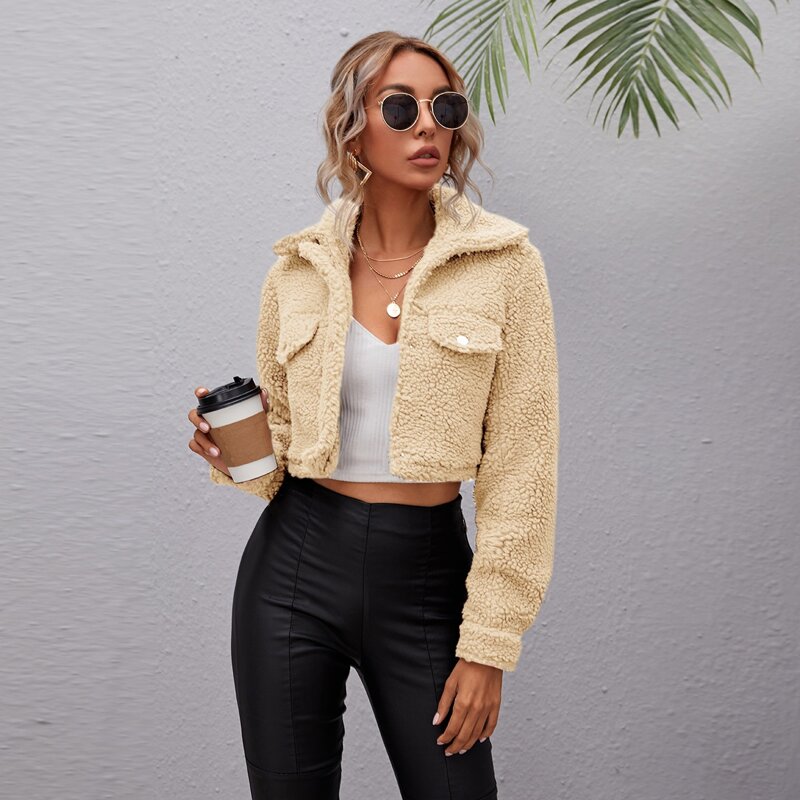 

Solid Fake Pocket Teddy Jacket, Khaki