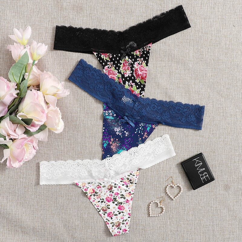 

3pack Floral Print Contrast Lace Panty Set, Multicolor