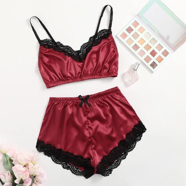 

Satin Lace Trim Lingerie Set, Burgundy