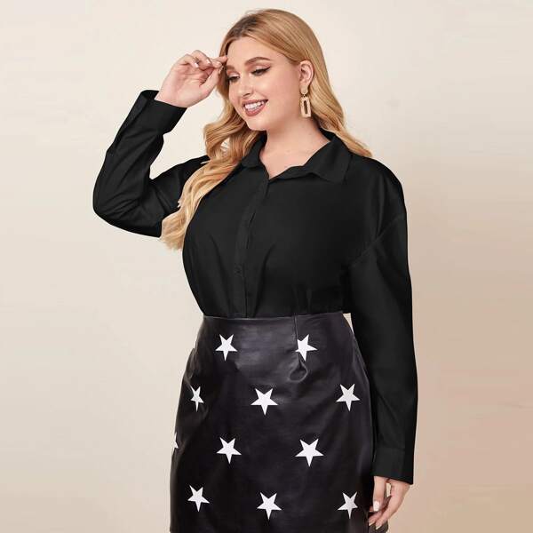 

Plus Solid Button Up Blouse, Black