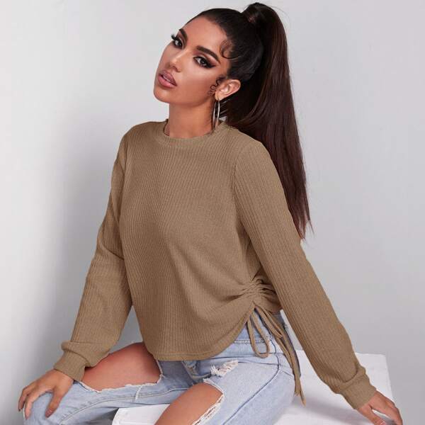 

Drawstring Side Rib-knit Tee, Khaki