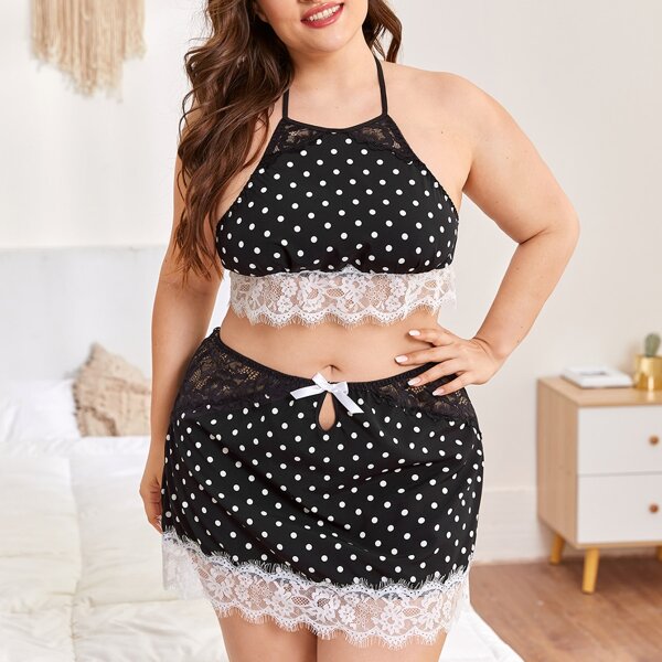 

Plus Polka Dot Lace Trim Lingerie Set, Black and white