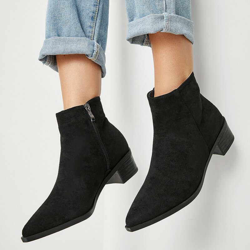Chunky Heeled Ankle Boots, Black