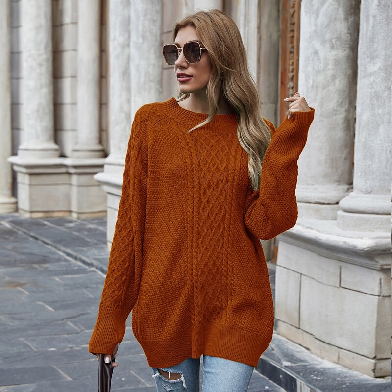 

Raglan Sleeve Cable Knit Oversized Sweater, Rust brown