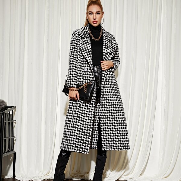 

Button Placket Houndstooth Tweed Coat Without Belt, Black and white