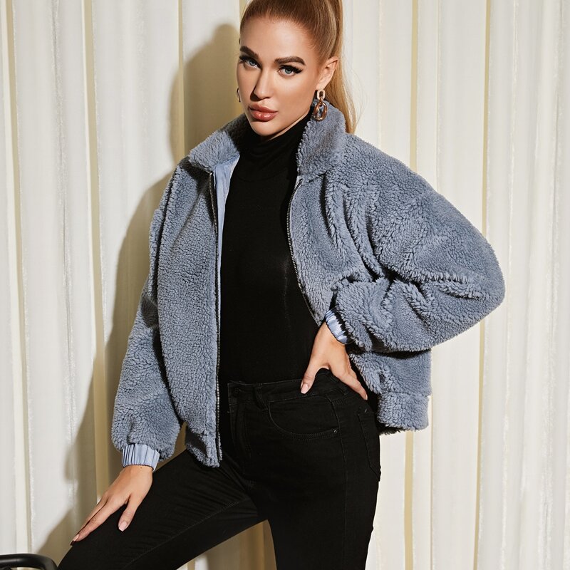 

Drop Shoulder Zip Up Teddy Jacket, Dusty blue