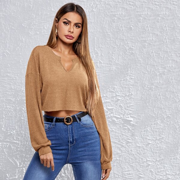 

Notch Neck Drop Shoulder Crop Tee, Camel