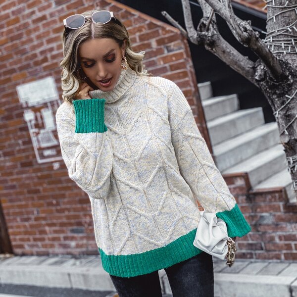 

Colorblock Turtleneck Drop Shoulder Sweater, Beige