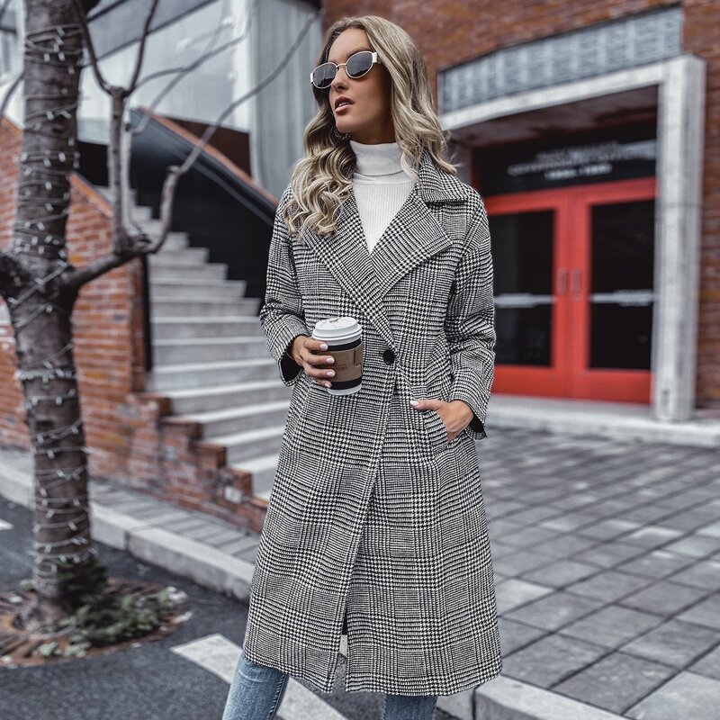 

Houndstooth Print Double Breasted Lapel Collar Overcoat, Grey